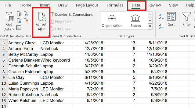 在 Excel 中刷新应用数据。