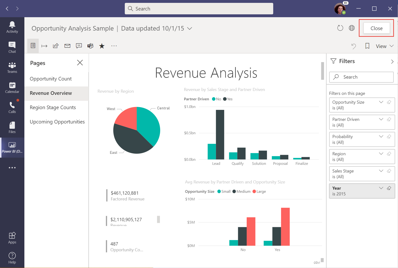 Microsoft Teams 中 Power BI 应用中的“机会分析示例”报表的屏幕截图，其中选择了“关闭”按钮。