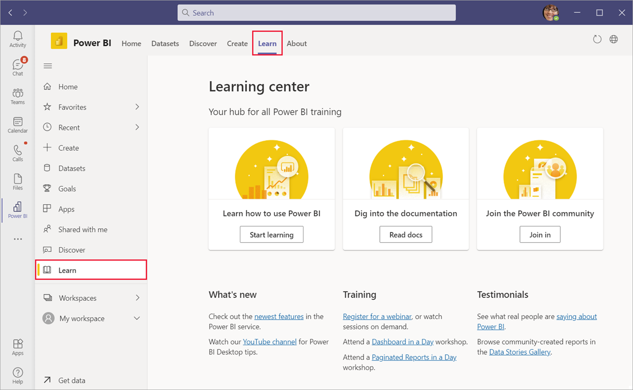 Microsoft Teams 中 Power BI 应用中的“学习中心”的屏幕截图。在 Teams 和 Power BI 导航窗格中选择了“Learn”选项卡。