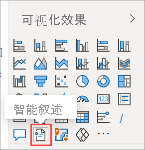 Screenshot of the Visualizations pane, highlighting the Smart narrative icon.