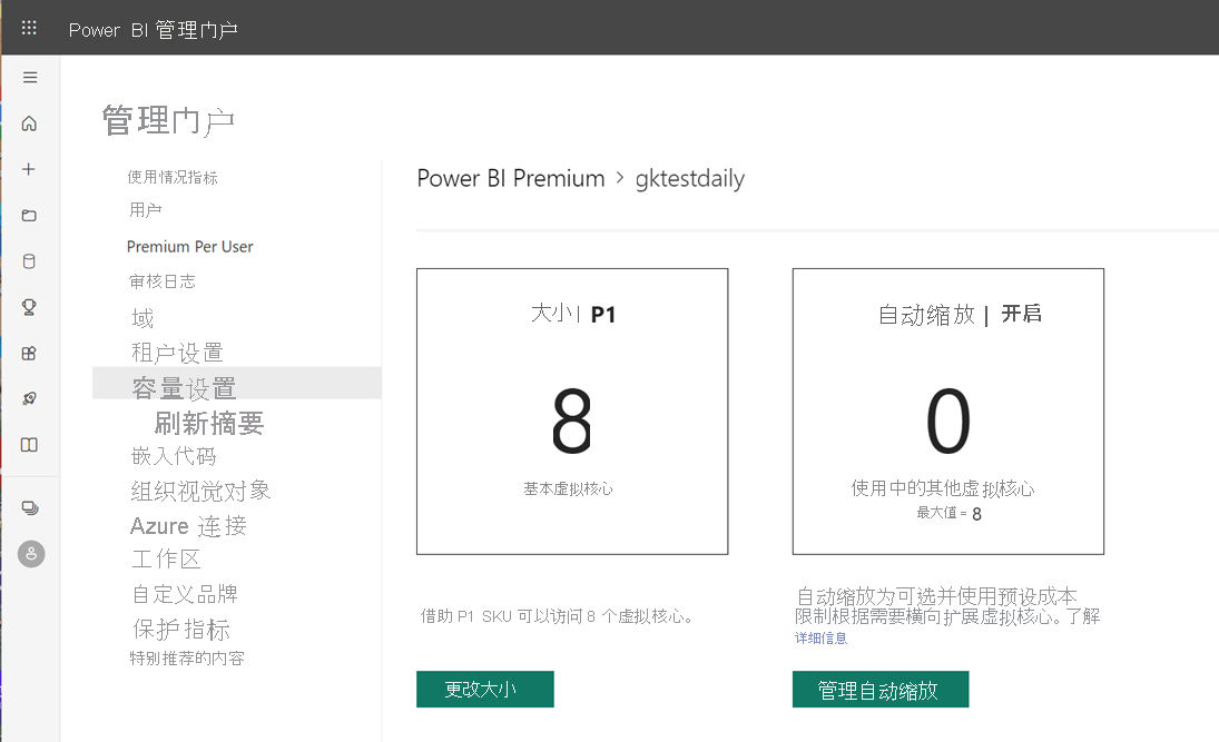 Power BI 管理员门户屏幕的屏幕截图，其中显示了 P1 容量设置。