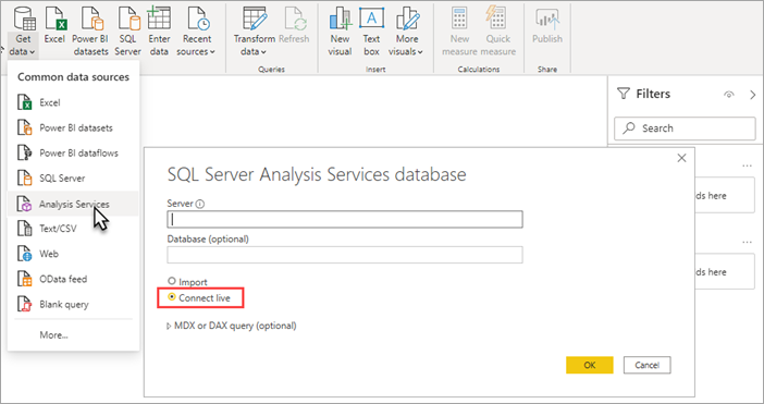 屏幕截图显示已选中“Power BI Desktop Analysis Services”。在 Analysis Services 数据库对话框中突出显示了“实时连接”。