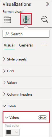 Screenshot of Totals toggled to off position in the Format pane.
