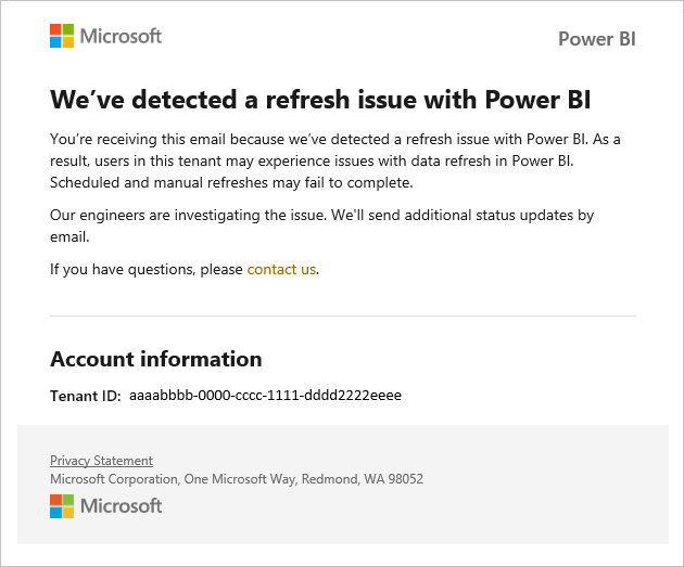 通知收件人 Power BI 刷新问题的电子邮件的屏幕截图。