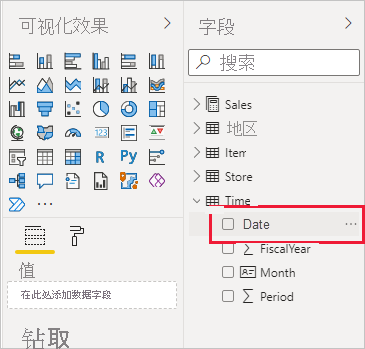 Screenshot of Power BI Desktop showing the Date filter in the Fields pane.