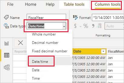 Screenshot of Power BI Desktop showing the Modeling tab with the Data Type filter selected.