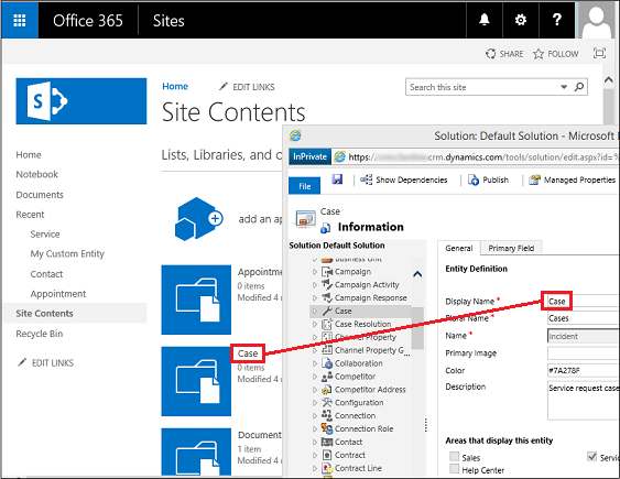 SharePoint 库名称和实体显示名称。