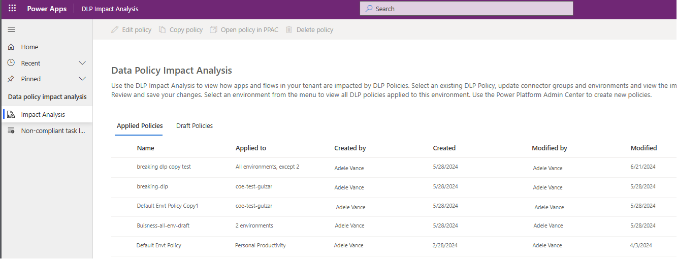 显示 Data policy Impact analysis（数据策略影响分析）菜单的 DLP Impact Analysis（DLP 影响分析）页面的屏幕截图。