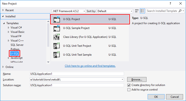 新建 U-SQL Visual Studio 项目