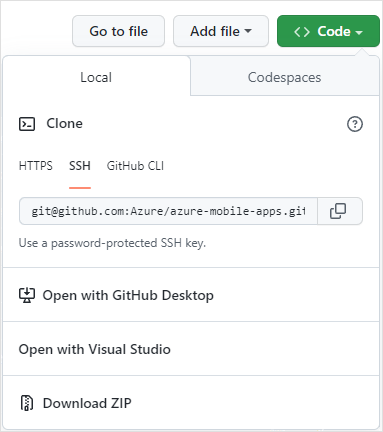 GitHub 上“代码”菜单的屏幕截图。