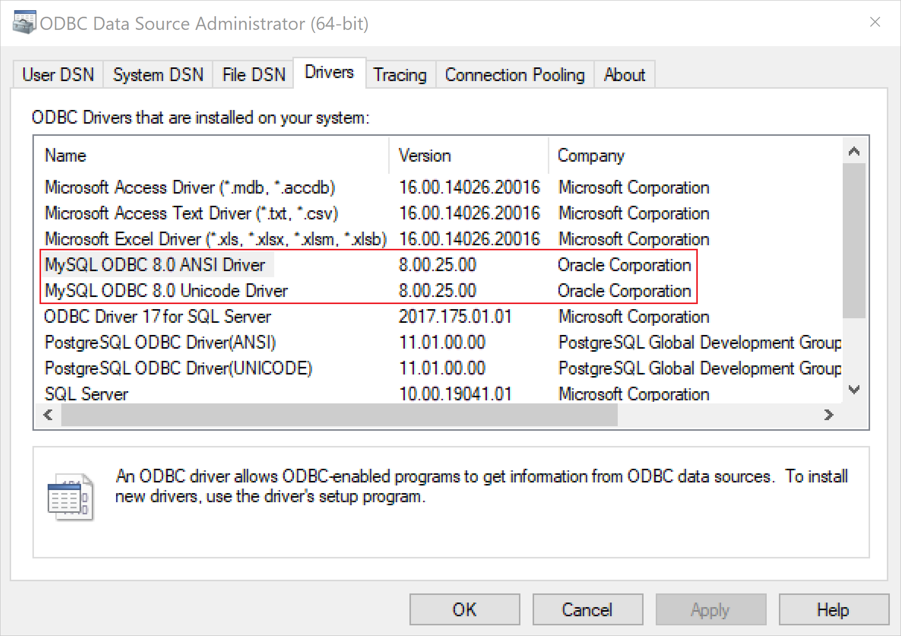 “ODBC 数据源管理器”页