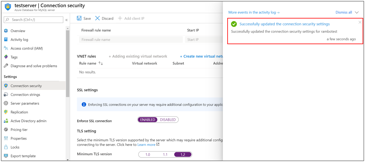 Azure Database for MySQL 的 TLS 配置成功