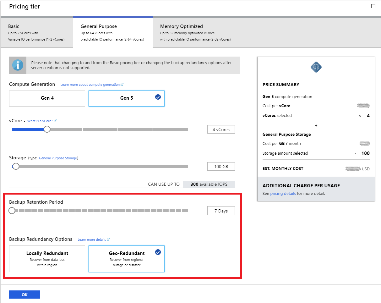 Pricing Tier - Choose Backup Redundancy