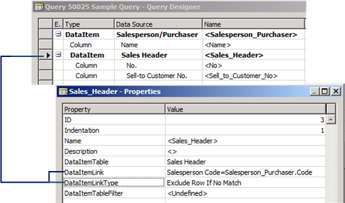 Query Designer showing link between 2 data items