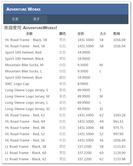 Adventure Works Web 应用程序默认页