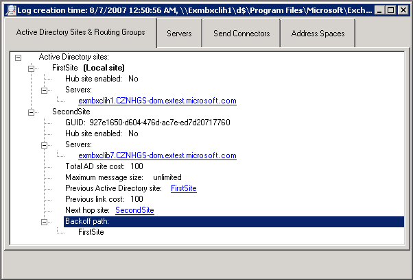 “Active Directory 站点和路由组”选项卡