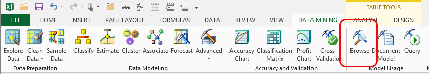 数据挖掘功能区中的“浏览模型”按钮