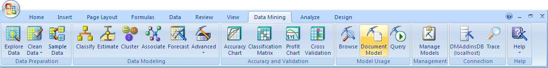 “文档模型”按钮、“数据挖掘”功能区