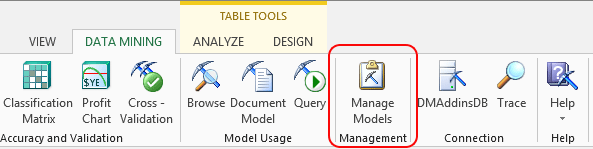 “管理模型”按钮、“数据挖掘”功能区