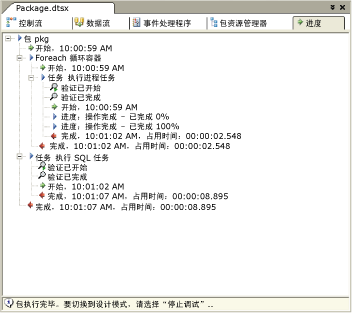 SSIS 设计器的“进度”选项卡