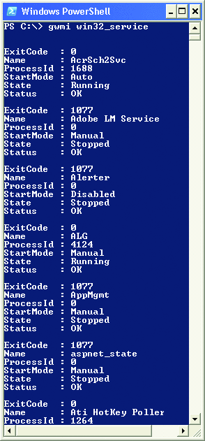 图 1 在运行 gwmi win32_service 时，Windows PowerShell 以可读的文本格式返回指定类的所有实例