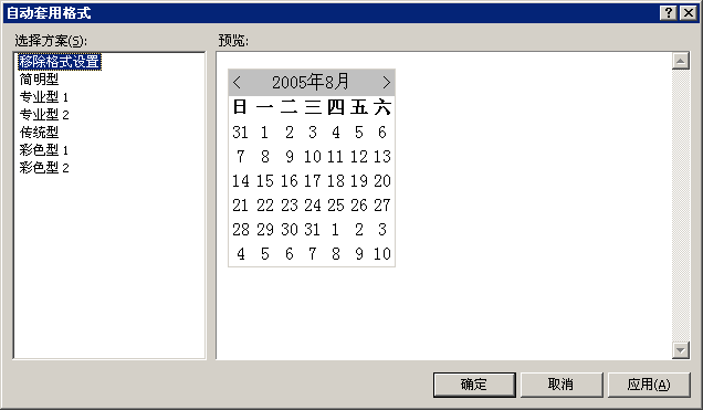 “自动套用格式”对话框（Calendar 控件）