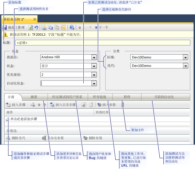 测试用例的工作项窗体