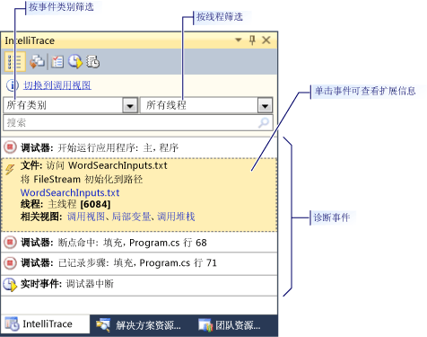 显示诊断事件的“调试历史记录”窗口