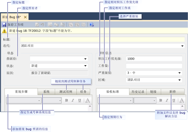 显示新的 Bug 工作项的屏幕截图