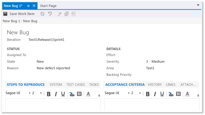 显示新的 Bug 工作项的屏幕截图