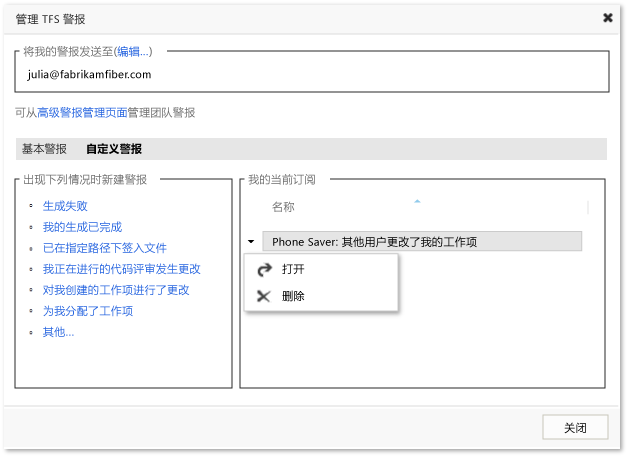 管理单独的 TFS 自定义警报