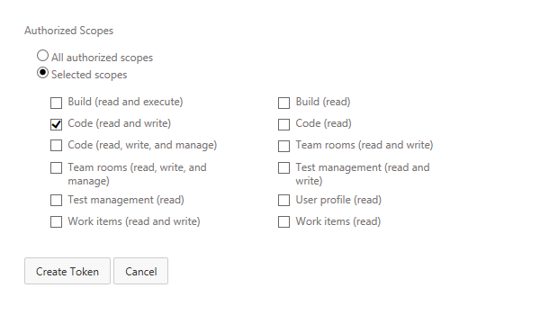 Select authorization scopes for token