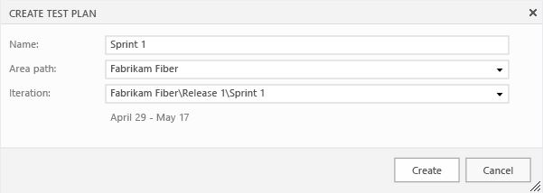 Create button in the create test plan dialog box