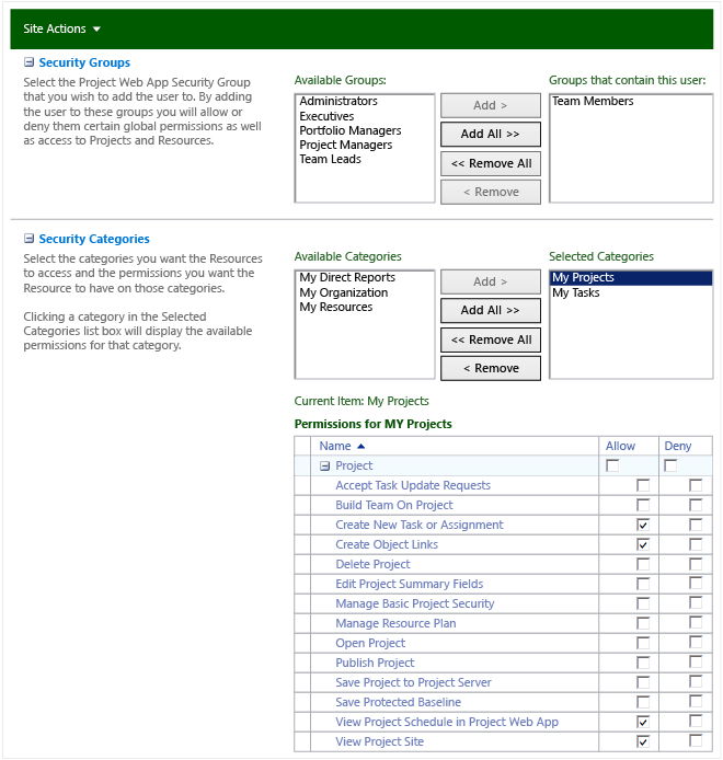 Security categories, My Projects for team members