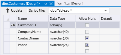 Update button for Table Designer