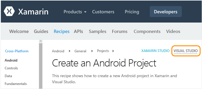 Selecting Visual Studio to see the correct documentation on Xamarin.com