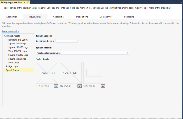 Visual Studio 2013 中的“Package.appxmanifest”窗口的屏幕快照