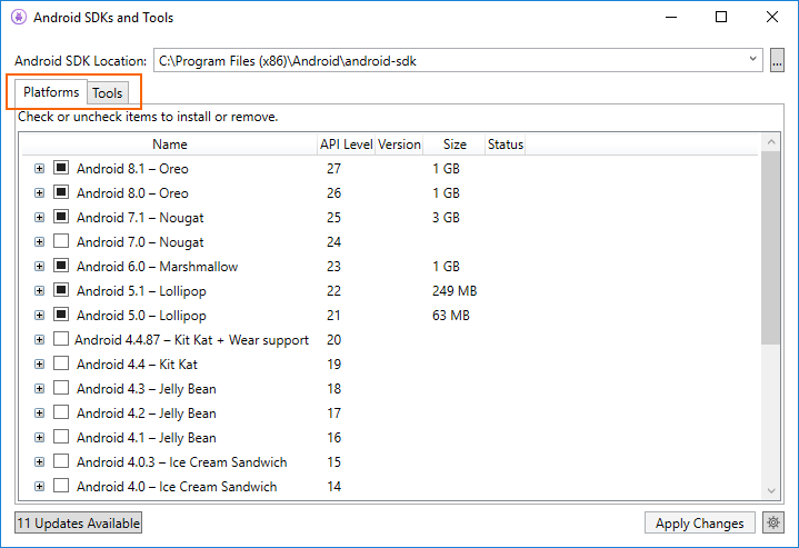 Screenshot of the Android SDK Manager open in the Platforms tab