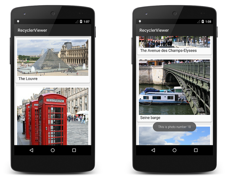 使用 CardViews 显示照片的 RecyclerView 应用的两个屏幕截图