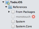 It will initially show a broken- monotouch reference similar to this screenshot because the project type changed