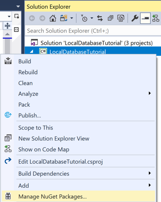 选中“管理 NuGet 包”菜单项的屏幕截图