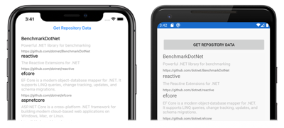 iOS 和 Android 上 GitHub .NET 存储库的屏幕截图