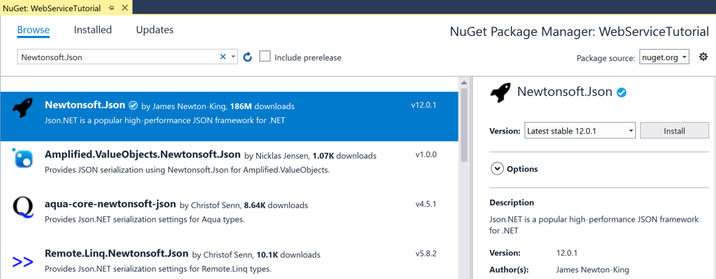 NuGet 包管理器中的 Newtonsoft.Json NuGet 包的屏幕截图