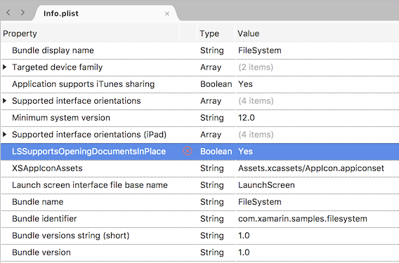 在 Info.plist 中设置 LSSupportsOpeningDocumentsInPlace