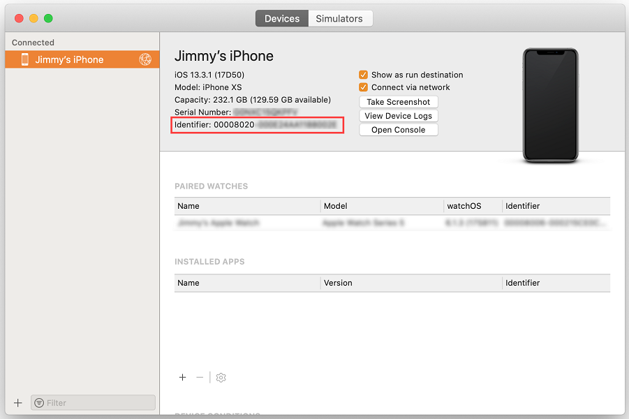 Xcode devices and simulator window with the iOS identifier string location highlighted.