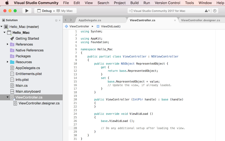 在 Visual Studio for Mac 中查看 ViewController.cs 文件