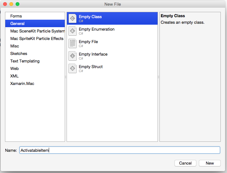 在 Visual Studio for Mac 中添加空类