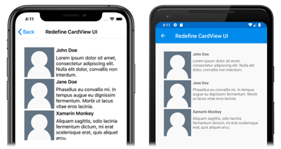 iOS 和 Android 上模板化的 CardViewUI 对象的屏幕截图