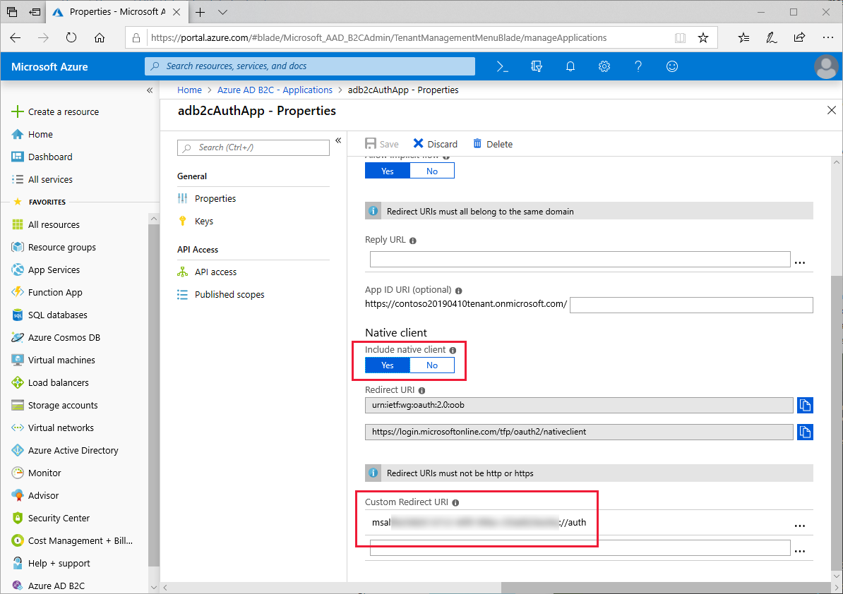 Azure 应用程序属性视图中的自定义重定向 URI