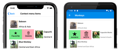 iOS 和 Android 上的 CollectionView 上下文菜单项的屏幕截图